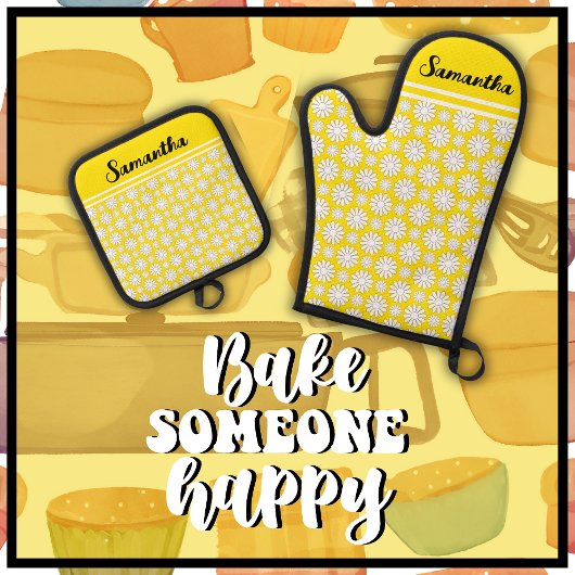 Elke naam Schattige Floral Daisy Pattern Ovenwant & Pannenlap Set