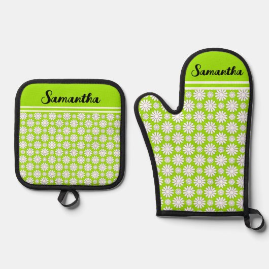 Elke naam Schattige Floral Daisy Pattern Ovenwant & Pannenlap Set (Voorkant)