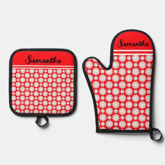 Elke naam Schattige Floral Daisy Pattern Ovenwant & Pannenlap Set (Voorkant)