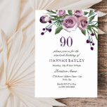 Elke Paarse Age Plum Roos 90th Birthday Invitation Kaart<br><div class="desc">Elegant Plum Paars Roos 90th Birthday Invitation Matching collectie in Niche and Nest store. Ontwerp met dank aan: https://www.etsy.com/shop/SmallHouseBigPony</div>