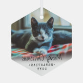 Elke sms-Meowy kerstkat Eenvoudige hexagon foto Glas Ornament (Achterkant)