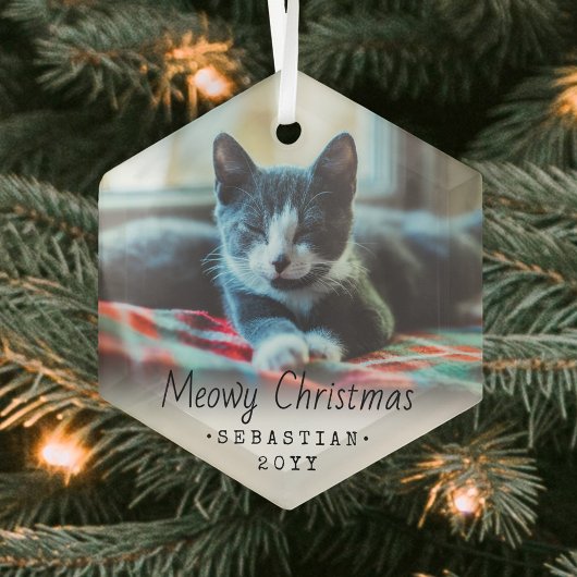 Elke sms-Meowy kerstkat Eenvoudige hexagon foto Glas Ornament