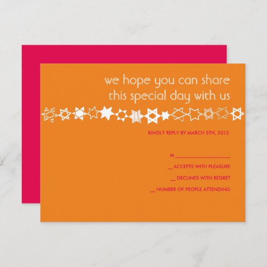 ELKE STAR IS UNIQUE Bar Bat Mitzvah Reply Card RSVP Kaartje (Voorkant / Achterkant)