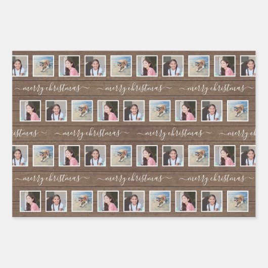 Elke tekst 12 Fotocollage Rustiek Hout Kerstmis Inpakpapier Vel (Voorkant)