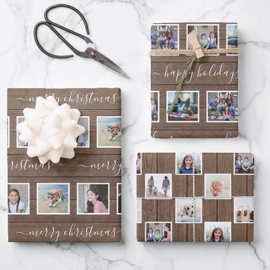 Elke tekst 12 Fotocollage Rustiek Hout Kerstmis Inpakpapier Vel