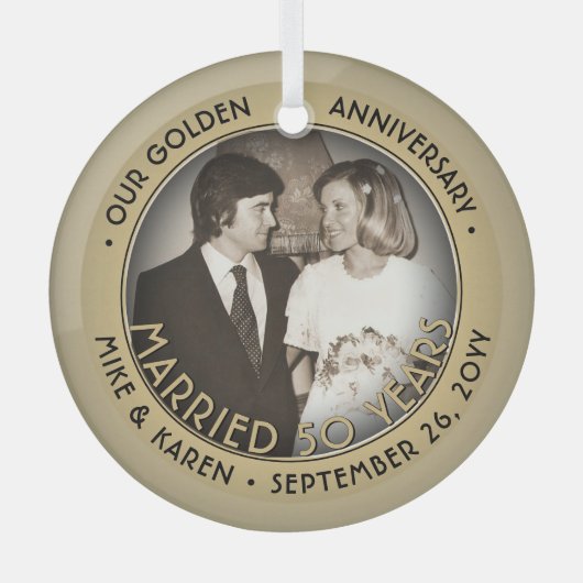 Elke tekst 1 Foto Golden 50th Wedding Jubileum Glas Ornament (Voorkant)