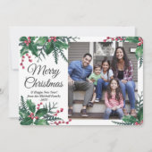 Elke tekst 1 Foto Kerstmis Holly & Berries Foliage Feestdagenkaart (Voorkant)