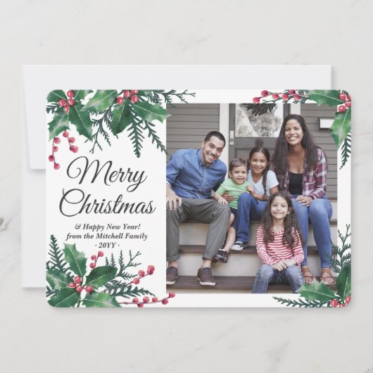 Elke tekst 1 Foto Kerstmis Holly & Berries Foliage Feestdagenkaart (Voorkant)