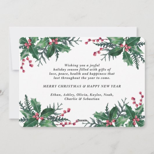Elke tekst 1 Foto Kerstmis Holly & Berries Foliage Feestdagenkaart (Achterkant)