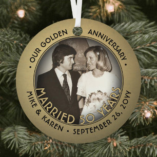 Elke tekst 2 Foto Golden 50th Wedding Jubileum Metalen Ornament