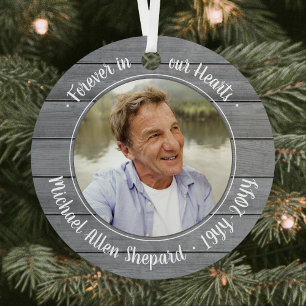 Elke tekst 2 Foto Memorial Elegant Faux Gray Wood Metalen Ornament