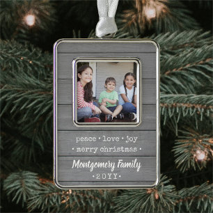 Elke tekst 2 Foto Modern Grey Wood Family Keepslag Verzilverd Omlijst Ornament