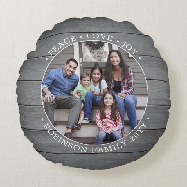 Elke tekst 2 foto rustiek grijs modern boerderijho rond kussen (Voorkant)