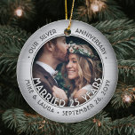 Elke tekst 2 Foto Silver 25th Wedding Jubileum Keramisch Ornament<br><div class="desc">Viel een vrolijke 25e trouwdag met een aangepaste 2 foto "Gehuwd met 25 jaar", foto "Vertrouwd met 25 jaar", geborsteld zilver rond keramische kerstversiering. Alle tekst en afbeeldingen op deze sjabloon zijn eenvoudig te personaliseren en kunnen verschillend of het zelfde op voor en rug zijn. (AFBEELDING & TEKST ONTWERPTIPS: 1)...</div>