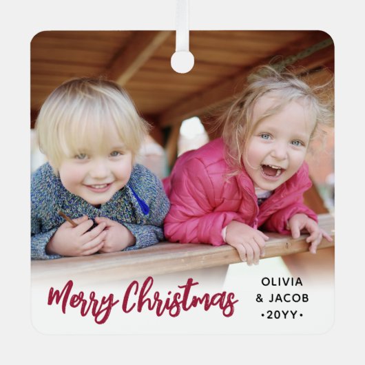 Elke tekst 2 foto trendy geborsteld rood script metalen ornament (Voorkant)