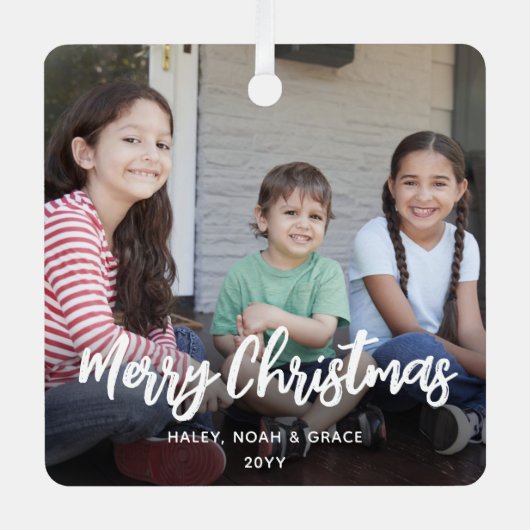 Elke tekst 2 foto trendy geborsteld wit script metalen ornament (Voorkant)