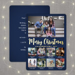 Elke tekst 9 Foto Collage Simple Navarra Blue en G Folie Feestdagenkaart<br><div class="desc">Verstuur stijlvolle, vrolijke groeten en deel 9 van je favoriete afbeeldingen met een aangepaste fotocollage marineblauw en gouden vakantiekaart voor de folie. Alle tekst op deze sjabloon is eenvoudig aan te passen om alle formuleringen op te nemen, zoals vrolijk kerstfeest, Prettige feestdagen, seizoensgroeten, nieuwjaarschaafjes, enz. (AFBEELDING PLACEMENT TIP: een gemakkelijke...</div>