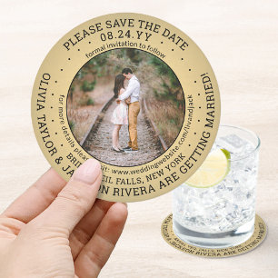 Elke tekst Bruiloft Bewaar de datum Foto Goud & Zw Ronde Kartonnen Onderzetter