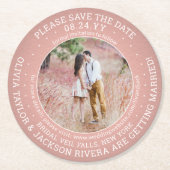 Elke tekst Bruiloft Bewaar de datum Foto Roze & Wi Ronde Kartonnen Onderzetter (Voorkant)