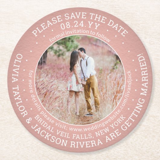 Elke tekst Bruiloft Bewaar de datum Foto Roze & Wi Ronde Kartonnen Onderzetter (Voorkant)