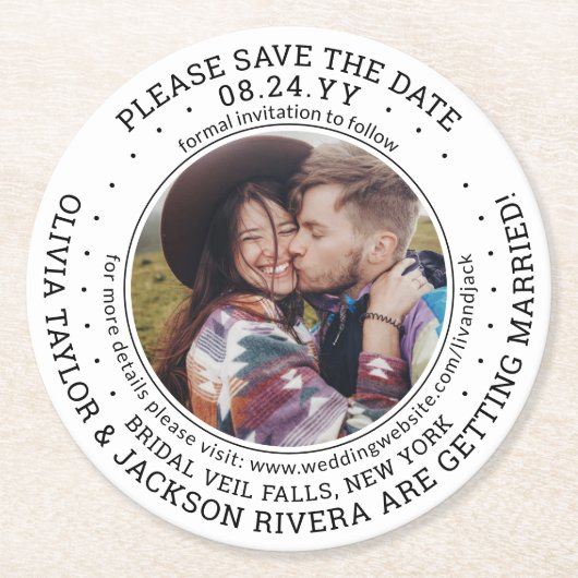 Elke tekst Bruiloft Bewaar de datum Foto Zwart & W Ronde Kartonnen Onderzetter (Voorkant)