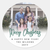 Elke tekst Chique geborsteld groen script kerst fo Ronde Sticker (Voorkant)