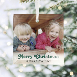 Elke tekst Groen Retro Typografie Eenvoudige foto Glas Ornament