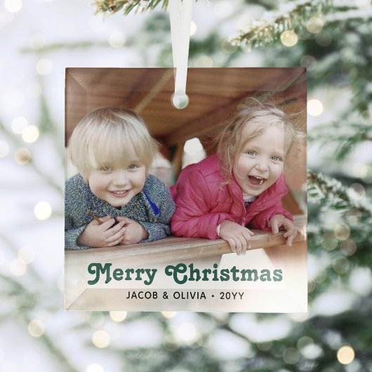 Elke tekst Groen Retro Typografie Eenvoudige foto Glas Ornament