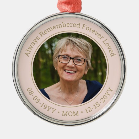 Elke tekst Memorial Foto Blush Pink & Gold Round Metalen Ornament (Voorkant)