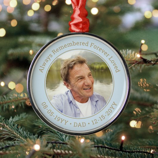 Elke tekst Memorial Foto Light Blue & Gold Round Metalen Ornament