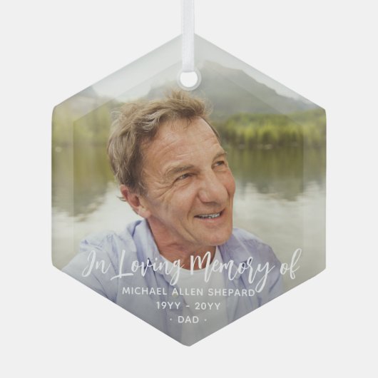 Elke tekst Memorial Simple White Script 1 Foto Glas Ornament (Voorkant)