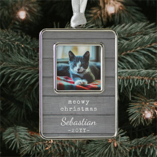 Elke tekst Meowy kerstkat Foto grijs faux hout Verzilverd Omlijst Ornament