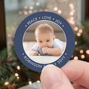 Elke tekst Navy Blue & White Peace Love Joy Foto Ronde Sticker