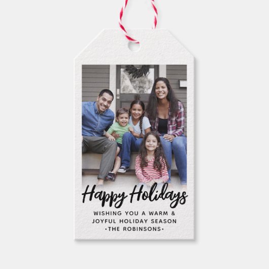 Elke tekst Trendy Geborsteld Script Foto Zwart & W Cadeaulabel (Voorkant)