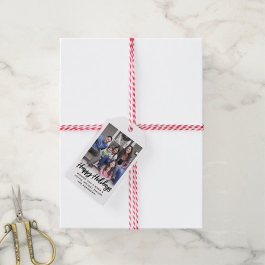 Elke tekst Trendy Geborsteld Script Foto Zwart & W Cadeaulabel (Met Touw)