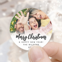 Elke tekst Trendy Script Kerstmis Foto Zwart Wit Ronde Sticker