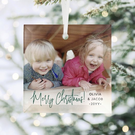 Elke tekstfoto overlay Modern eenvoudig groen scri Glas Ornament