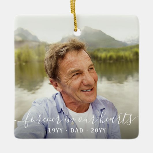 Elke Text Memorial 2 Foto Simple White Script Keramisch Ornament (Voorkant)