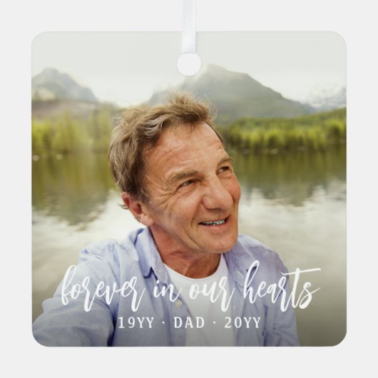 Elke Text Memorial 2 Foto Simple White Script Metalen Ornament (Voorkant)