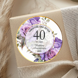 Elke Trouw Gouden Frame Paarse Rozen Jubileum Ronde Sticker