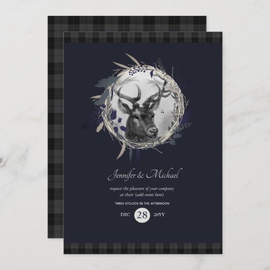 Elke uitnodiging - Blauwgrijze tartan met winterhe (Voorkant / Achterkant)