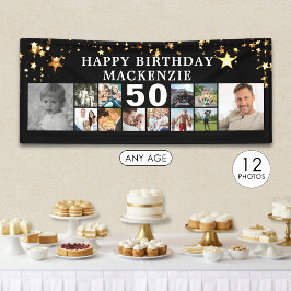 Elke verjaardag 12 Foto Collage Gold Stars Black Spandoek