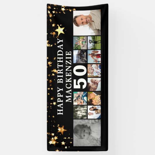 Elke verjaardag 12 Foto Collage Gold Stars Black Spandoek (Verticaal)
