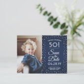 ELKE Verjaardag 2 Foto Navy Blauw Wit Save the Dat Uitnodiging Briefkaart (Staand voorkant)