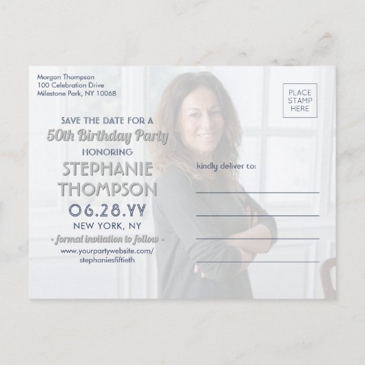 ELKE Verjaardag 2 Foto Navy Blauw Wit Save the Dat Uitnodiging Briefkaart (Achterkant)