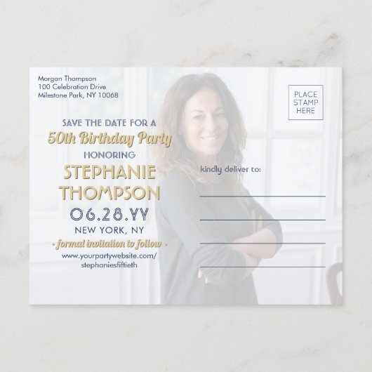 ELKE Verjaardag 2 Foto Navy Blue Gold Save the Dat Uitnodiging Briefkaart (Achterkant)