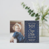 ELKE Verjaardag 2 Foto Navy Blue Gold Save the Dat Uitnodiging Briefkaart (Staand voorkant)