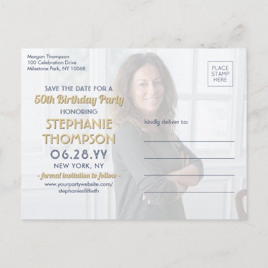 ELKE Verjaardag 2 Foto Navy Blue Gold Save the Dat Uitnodiging Briefkaart (Achterkant)