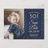 ELKE Verjaardag 2 Foto Navy Blue Gold Save the Dat Uitnodiging Briefkaart (Voorkant)