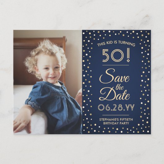ELKE Verjaardag 2 Foto Navy Blue Gold Save the Dat Uitnodiging Briefkaart (Voorkant)
